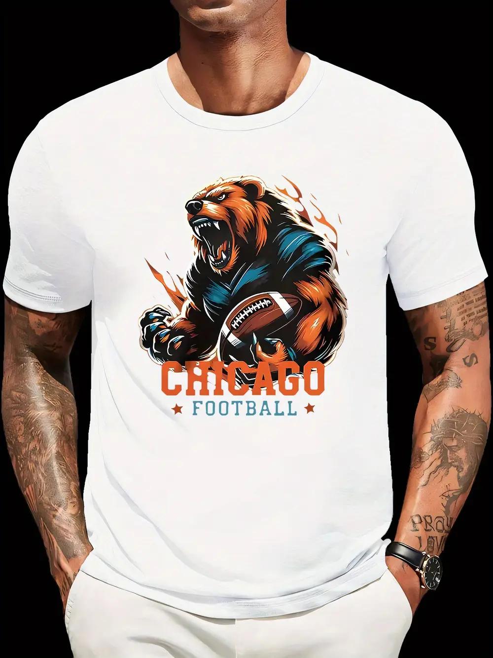 Chicago Football Bear Logo Graphic T-shirt - Regular Fit Casual Short Sleeve Tee with Vibrant Blue & Orange Print XXL