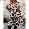 MODIQUE 2025 Summer Plus Size New Women's Casual Sexy Leopard Printing Waist Flowing Short Dress Ladies Loose A-Line Hot Long Sleeve V-Neck Dress
