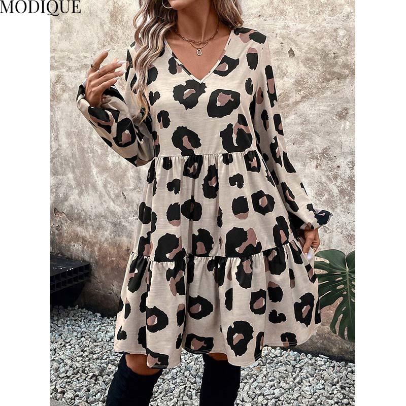 MODIQUE 2025 Summer Plus Size New Women's Casual Sexy Leopard Printing Waist Flowing Short Dress Ladies Loose A-Line Hot Long Sleeve V-Neck Dress