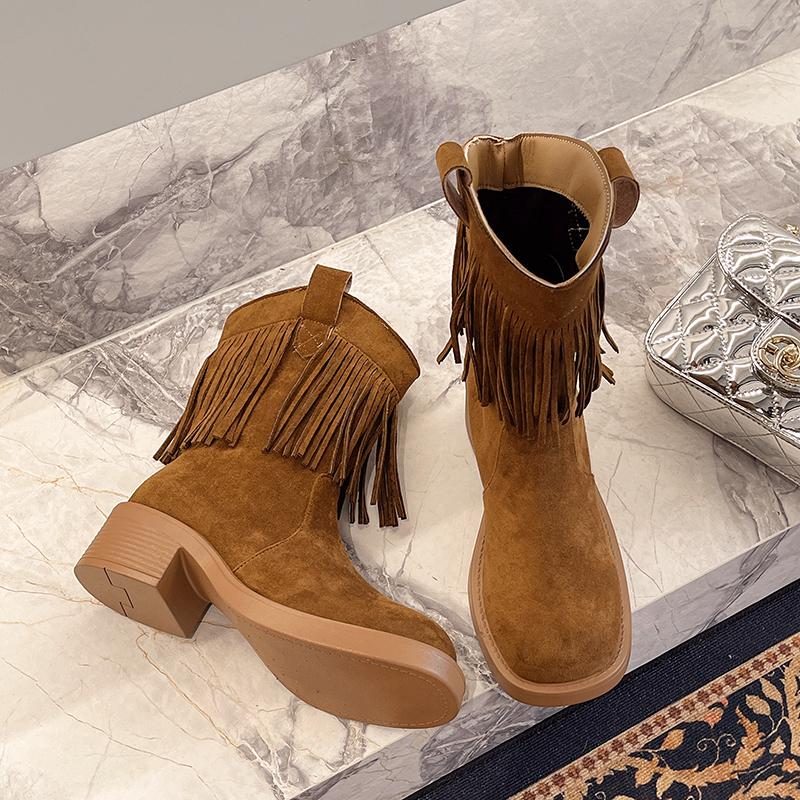 New Style Fashion Thick Soled Fringed Women's Retro Comfortable Western Cowboy Boots Square Heel Short Leg Knight Boots Platform