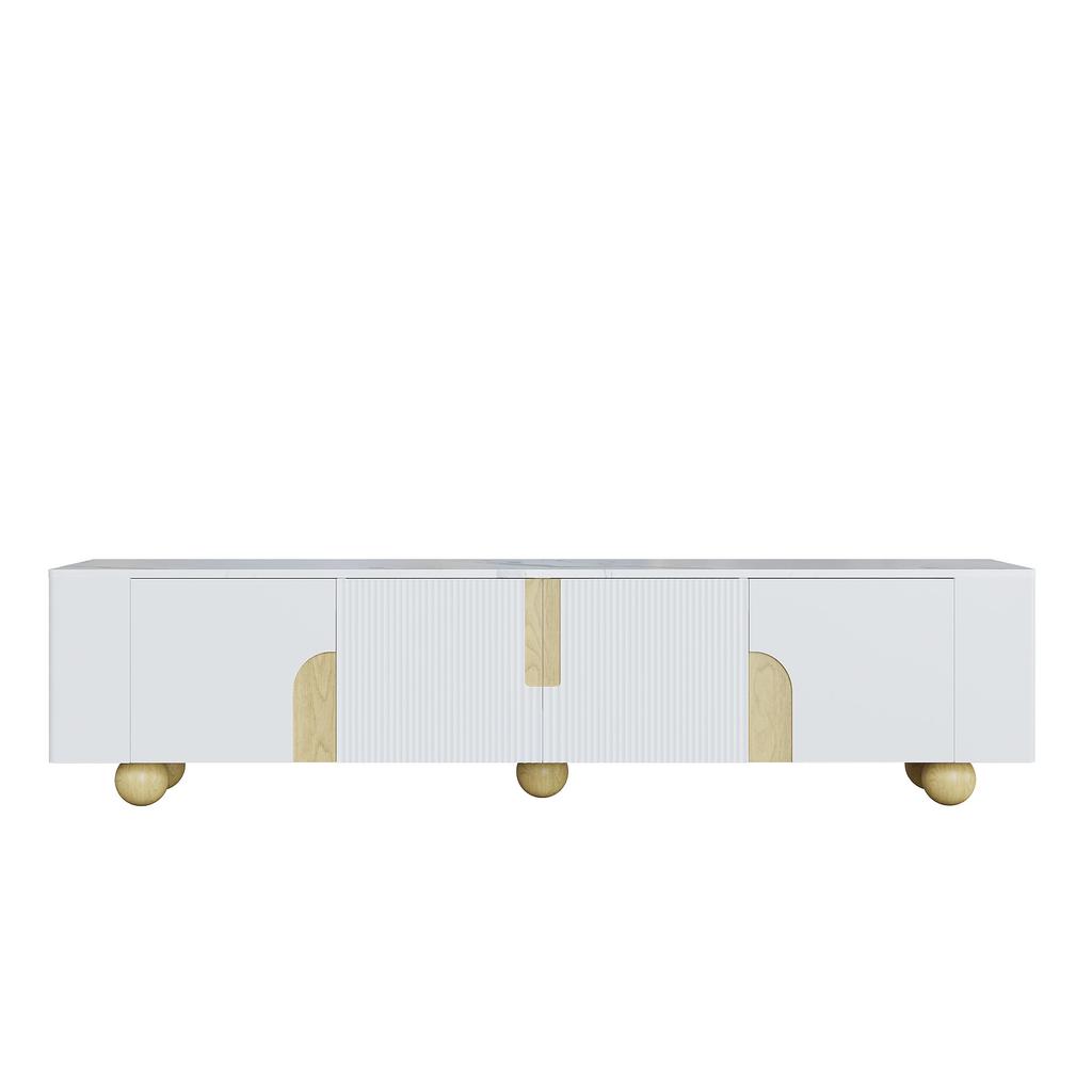 White TV Cabinet 180 Cm, 4 Doors, Elegant Design, Marble-look Surface, Spherical Wooden Feet