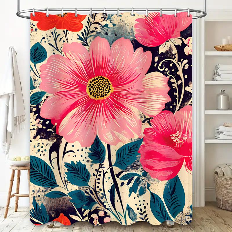 Vibrant Bloom Shower Curtain Floral Decor for Your Bathroom Waterproof Fabric with Rods Pink Red Flowers Design