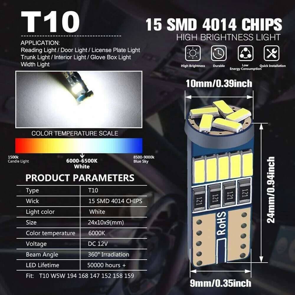 10PCS Led W5W T10 Car Signal Lamp 501 194 Bulbs 4014SMD Clearance Reading Interior Lights 6000K 12V Dome Lights 6