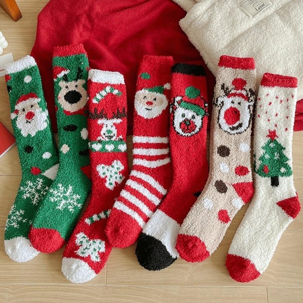 Snowflake Elk XmasTree Christmas Stocking Coral Fleece Thicken Floor Socks Fluffy Socks  For Women