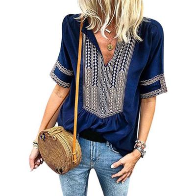 Women V Neck Half Sleeve Stripes Boho Print Shirt