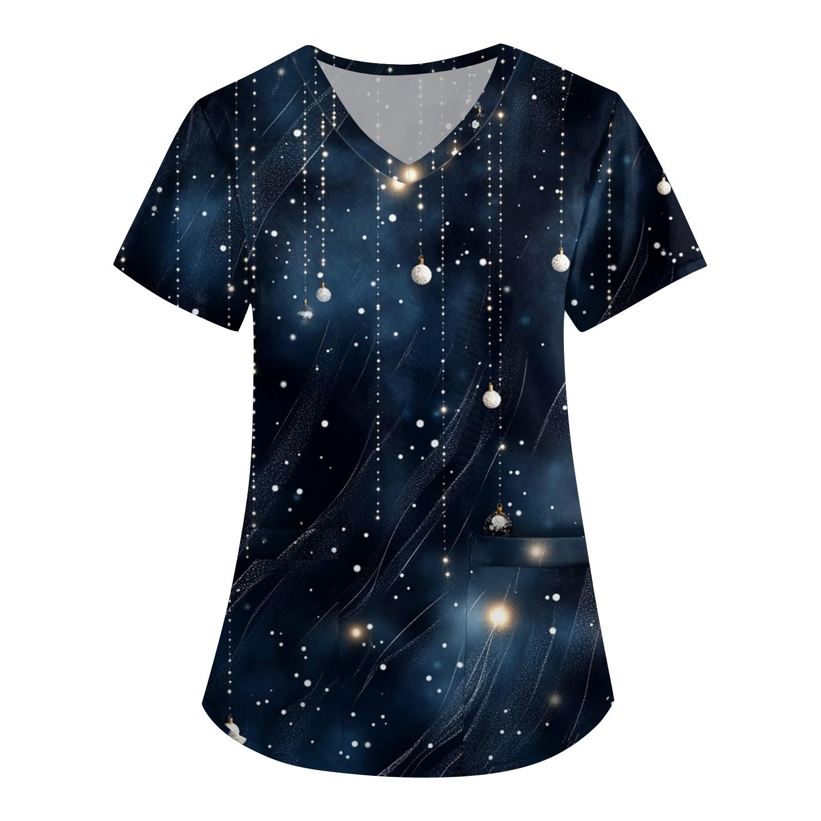 

Женская симпатичная рабочая одежда с принтом, V-образным вырезом, двухслойными карманами, базовым коротким рукавом, пуловером на Рождество L чёрный