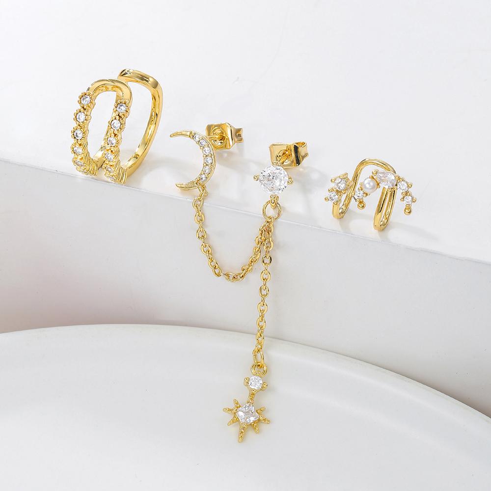 Design Stainless Steel Cubic Zirconia Star Moon Dangle Earrings Personality Chain Drop Earring Ear Clips Piercing Jewelry