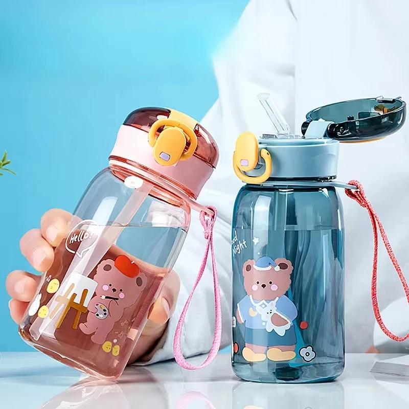 Cartoon teddy bear children's plastic cup, portable for school, outdoor, with rope, one click open cover, summer straw water cup