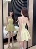 Elegant Off-Shoulder Pleated A-Line Skirt Women's Summer Spaghetti Strap Dress with Waist-Cinched Slim Fit