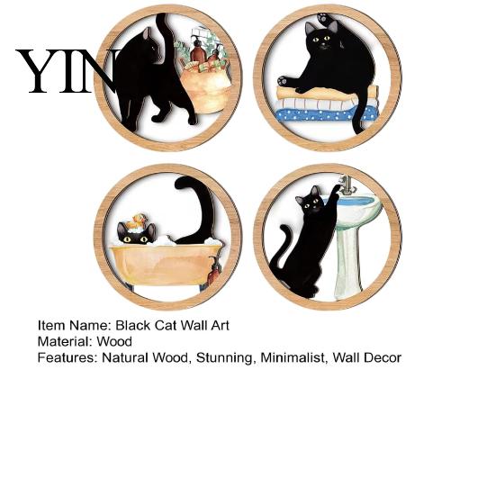 Rounded Corner Wood Art 4 Pcs Minimalist Black Cat Wall Art, Geometric Round Circle Wooden Non-toxic Coating Decor, Abstract Hanging Sign for