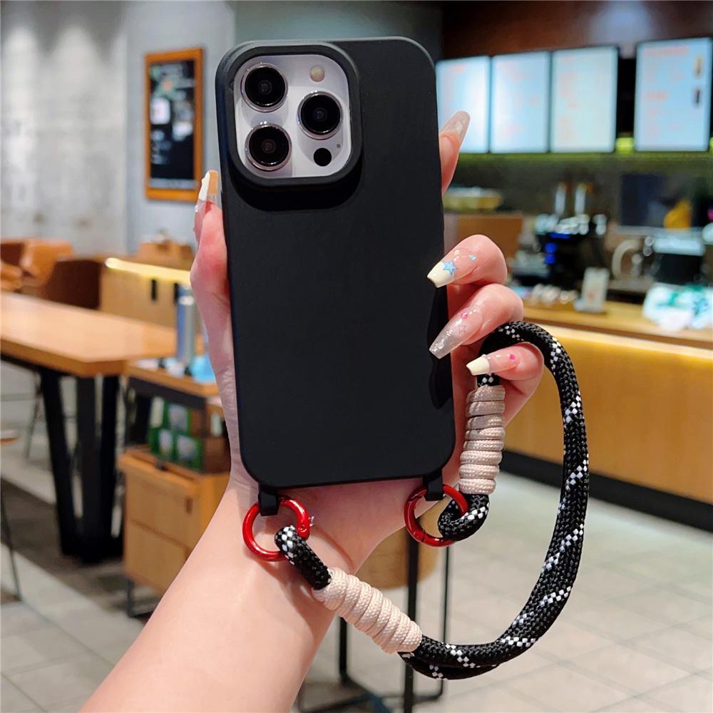 

Ремешок на запястье, шнурок, шнурок, чехол для телефона цвета конфеты для iPhone 16, 15, 11, 12, 13, 14, Pro Max Plus, X, XS, мягкий силиконовый чехол For iPhone 13Pro Max&Case & Strap чёрный