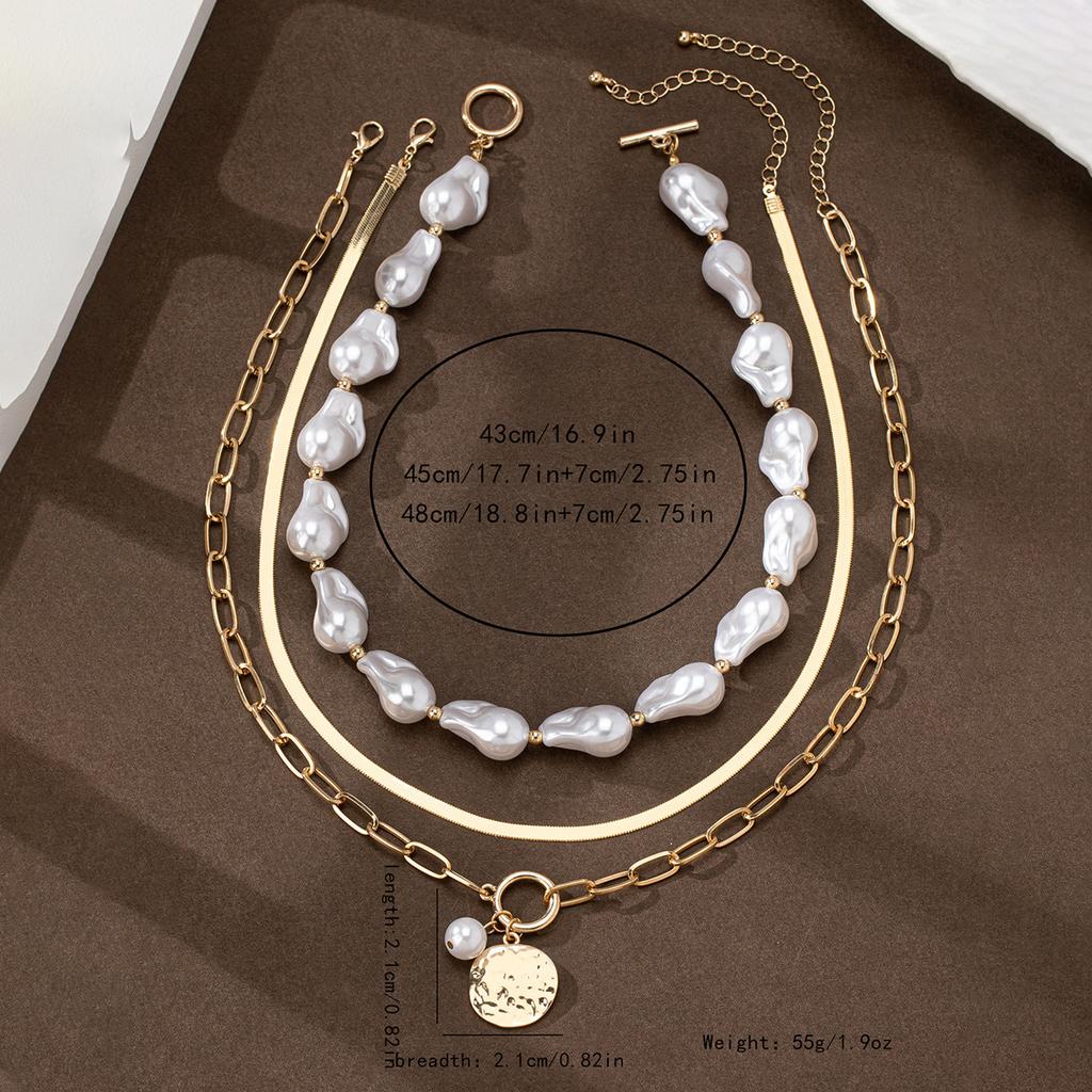3 fashion retro trend special-shaped artificial pearl necklace set metal round brand pendant women stacked jewelry