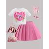 4-7Y Children's Clothing Love Bow Beige Top + Pink Pleated Skirt Set Kids Set Girl Gress