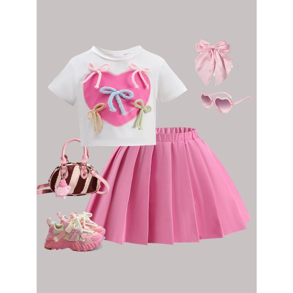 4-7Y Children's Clothing Love Bow Beige Top + Pink Pleated Skirt Set Kids Set Girl Gress