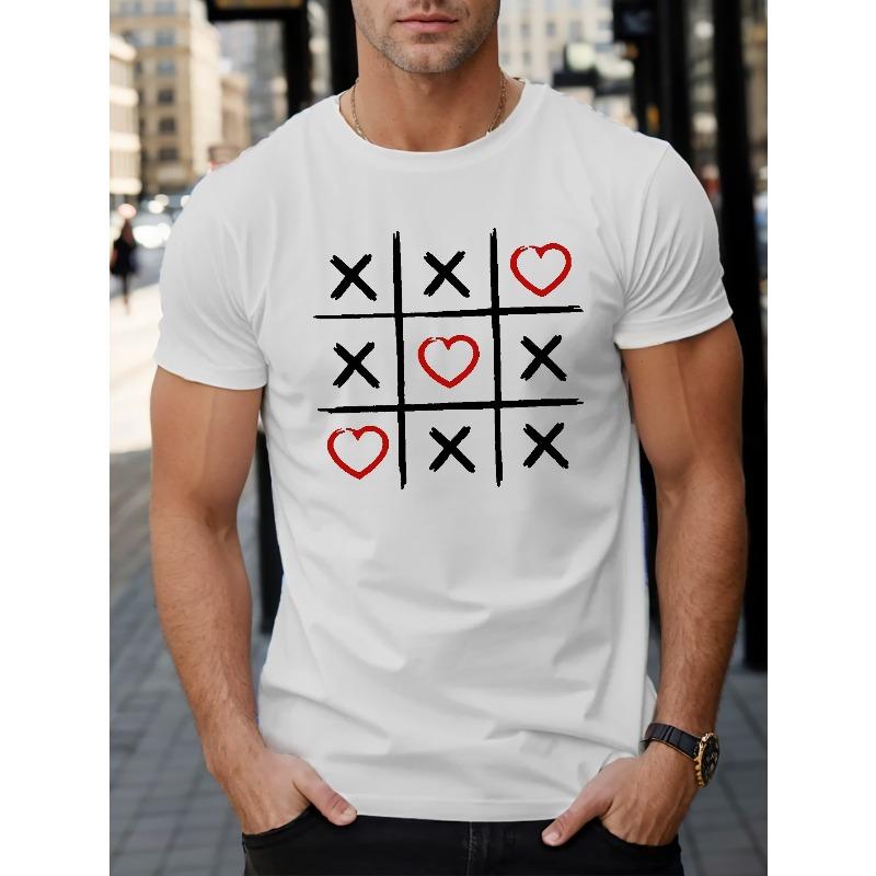 European Size Valentine's Day Plaid Game Graphic Print Men's Creative Top, Casual Short Sleeve Crew Neck T-shirt, Men's Clothing For Summer Outdoor