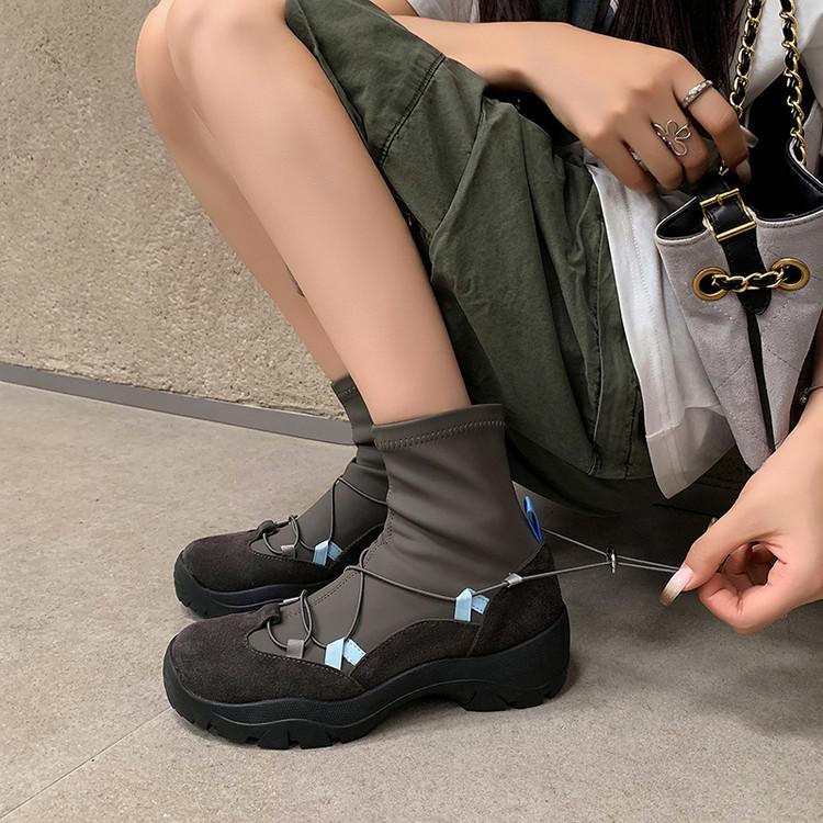 Leather Thick-soled Muffin Heightening 4cm Functional Wind Elastic Boots Socks Boots Foreign Style Small Short Boots Martin Boots Women's Autumn