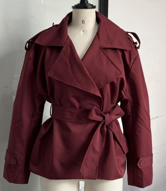 2025 Spring-Autumn Solid Color Belted Short Trench Coat