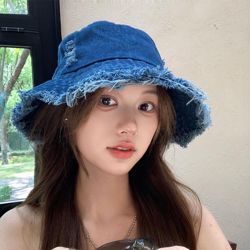Japanese Spring and Summer Hat Women Cowboy Ripped Fisherman Hat Sweet and Cute Face Showing Small Sun Hat Sun Hat Sun Hat