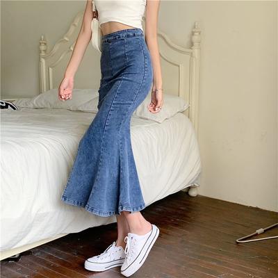 Eleganter Vorne und Hinten Zwei Trageweisen Elastischer Damen Vielseitiger Paket Hüfte Offener Fischschwanz In Langem Sommer Vielseitig Bequem Mode Denim Bustier Rock