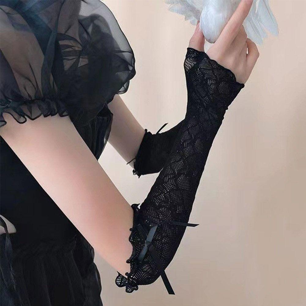 Black White Y2k Fingerless Mittens Lace Ruffle Arm Warmers Punk Lolita Lace Gloves  Women Girls