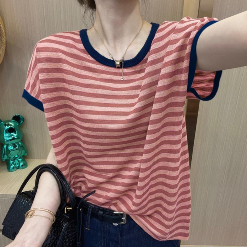 Women Pink Striped Crew Neck T Shirt Contrast Trim Short Sleeve Casual Top M