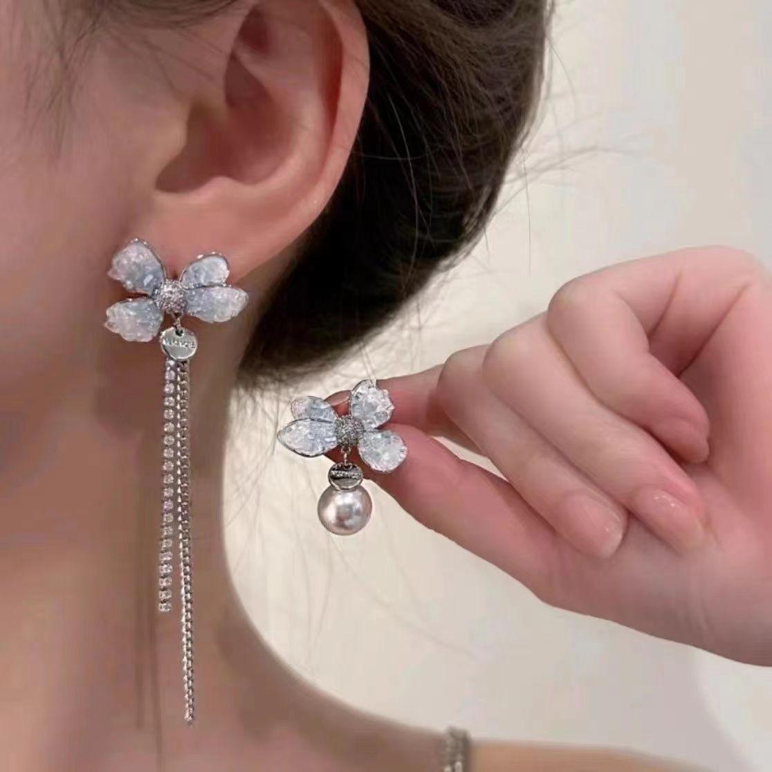 111 silver needle bow pearl fringed stud earrings temperament super fairy long asymmetrical earrings gradual change crystal earrings 925 silver needle