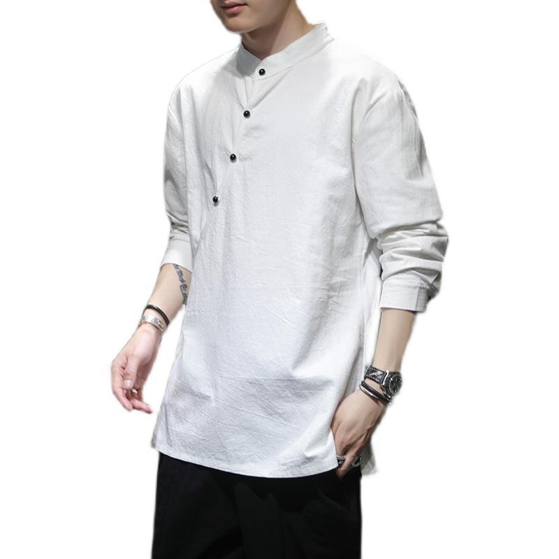 Men's Chinese-Style Linen-Cotton Long-Sleeve T-Shirt for Zen Meditation and Tea Ceremony