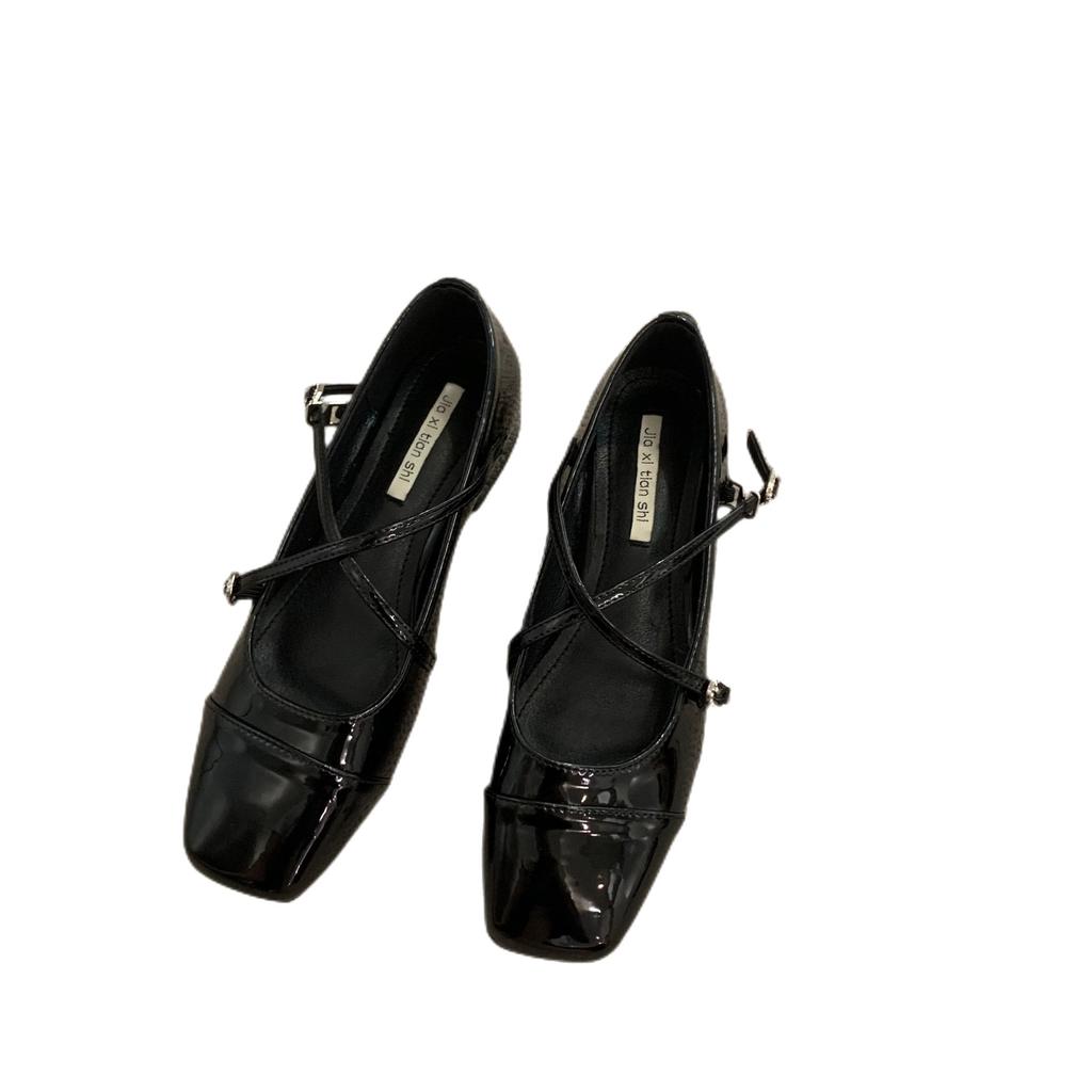 Coarse Heel Crossed Silver Mary Jane Square Head Single Shoes Women's Shoes 2025 New Spring Evening Gentle Flat Shoes