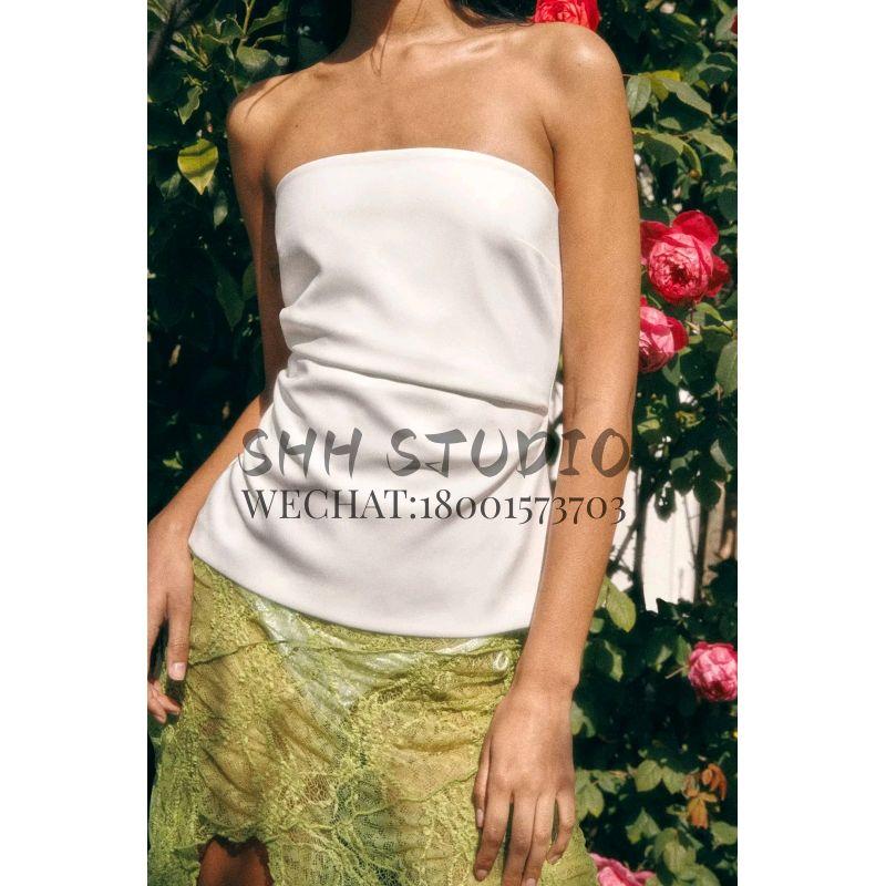 Spring New Fashion Style Sweet All-Matching Sexy off-the-Shoulder Ruched Decoration Tube Top Tops 3067089