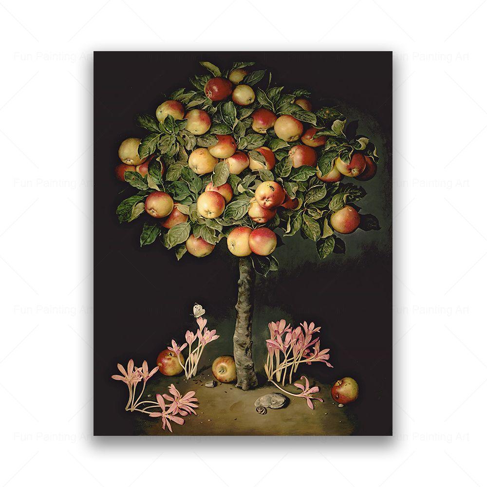 Vintage meyve ağacı natürmort tuval boyama şeftali nar elma limon portakal baskılar posterler duvar sanat resmi mutfak dekoru