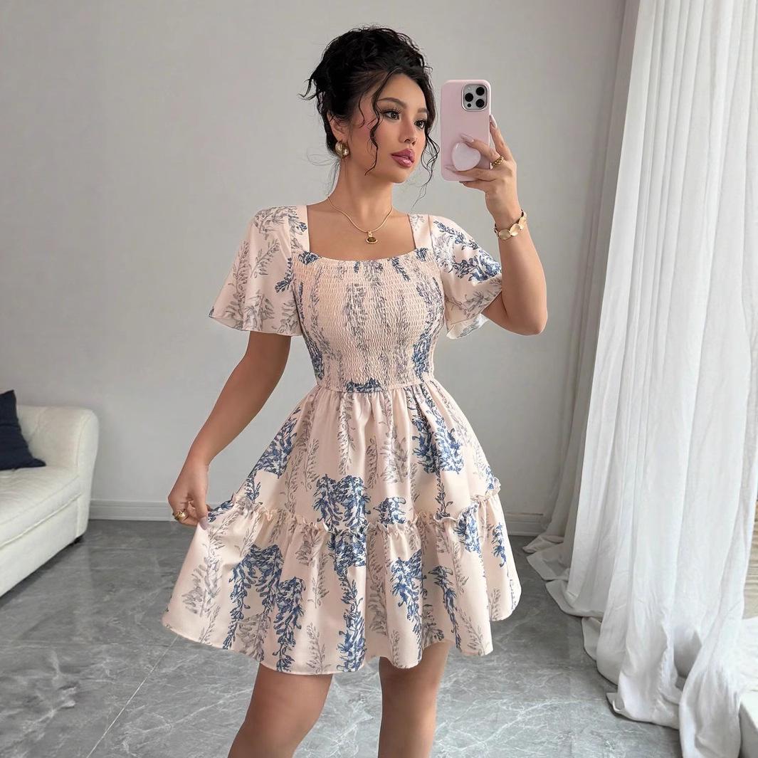 

Весна 2025 Женское платье на одно плечо с регулируемыми короткими рукавами и богемным принтом Extra Large грязно-белый