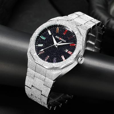 Herren Luxus Business Stahluhren Zifferblatt mit bunten Steinen Voll Diamant Design Quarz Uhr für Herren Wasserdichte Armbanduhr