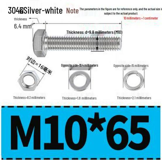 304 Stainless Steel Hex Head Bolt and Nut Set M6-M14, Lengths 8-100mm