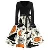 Womens Casual Halloween Print V Neck Vintage Dress Long Sleeve A Line Retro Style Midi Dress with Waist Tie