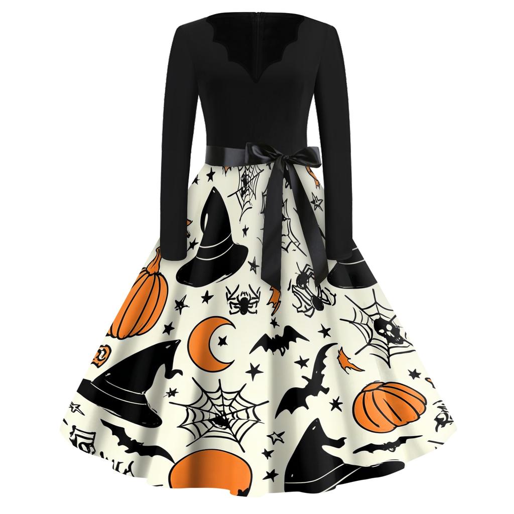 Womens Casual Halloween Print V Neck Vintage Dress Long Sleeve A Line Retro Style Midi Dress with Waist Tie