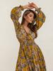 2024 Summer European & American Print V-neck Slit Dress with Long Sleeve & Waist Tie