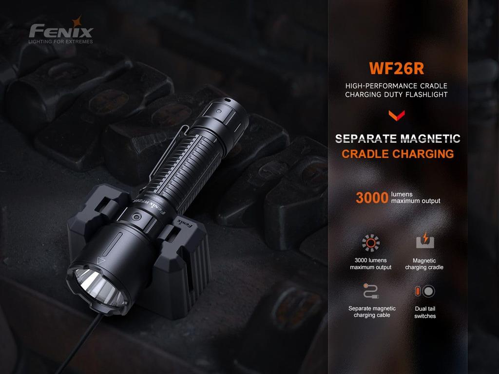 Fenix WF26R Rechargeable Work Torch with Charging Cradle Mount 3000 Lumens 450m Range Up To 44 Hours 21700 mAh Battery Magnetic Charging IP68 Black