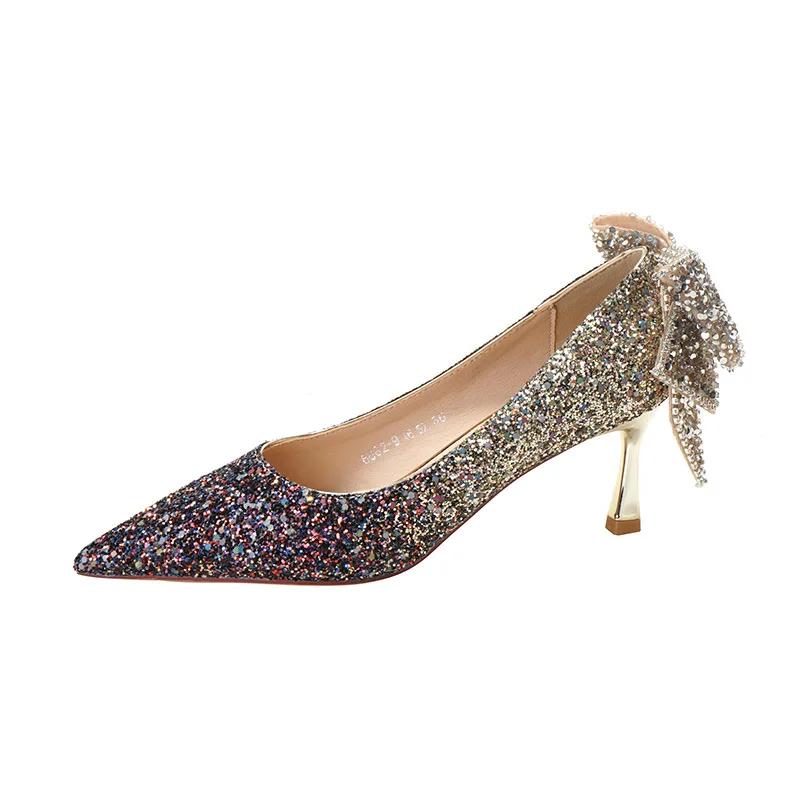 Autumn New Women's Luxury Pointed Rhinestone Bow Crystal Sequins Colored High Heel Single Shoes Banquet Wedding Shoes