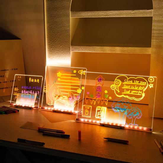 LED Acrylic Dry-Erase Board with 7 Pens Stand Reusable Kids Adults Students Glowing Light-up Clear Acrylic Memo Note Message Writing Board for Office
