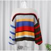 Color Block Striped Loose Knit Sweater Womens Casual Long Sleeve Rainbow Pullover