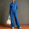 Conjunto de Dos Piezas de Punto para Mujer Suéter con Media Cremallera Manga Larga Cuello Plegable Pantalones de Pierna Ancha Conjunto para Estar en Casa