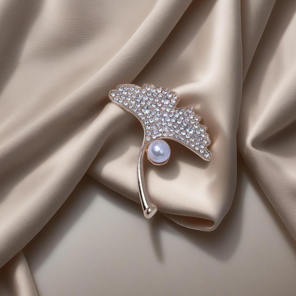 Ginkgo Leaf Pearl Diamond Brooch & Scarf Buckle for Women's Coat Accessory