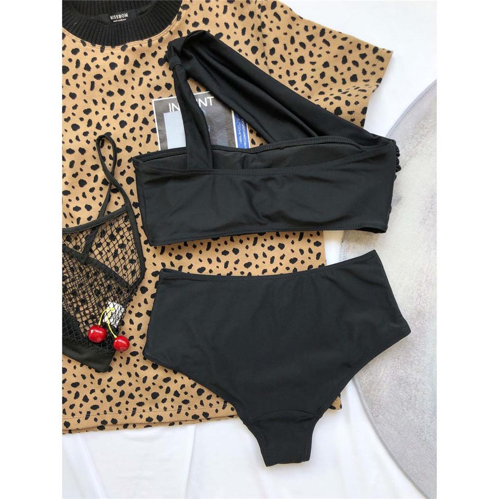 Asymmetrische Eine Schulter Hohe Taille Bikini Set Weibliche Schwarz Badeanzug Frauen Split Bademode Zwei-stück Bademode