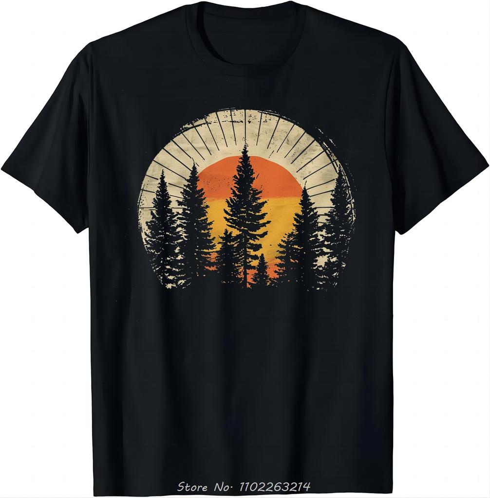 Übergroßes T-Shirt für Naturliebhaber - Wald Herrenbekleidung Sonnenuntergang Baumwoll-T-Shirt Camisas Hip Hop Streetwear Vintage Fitness T-Shirt