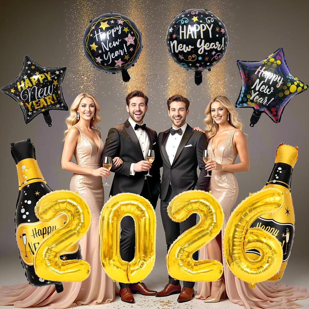 10Pcs 2026 Black Gold Happy New Year Balloon Set  New Year's Eve Party Atmosphere Decoration  Wine Bottle Aluminum  ballons