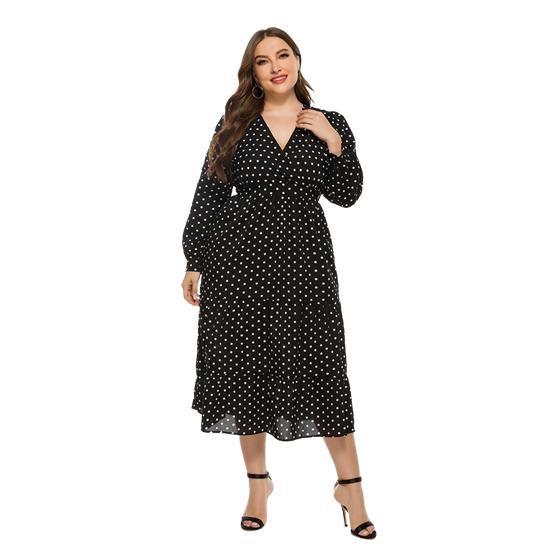 

2023 Новое модное женское платье свободного размера с v-образным вырезом и длинным рукавом в горошек