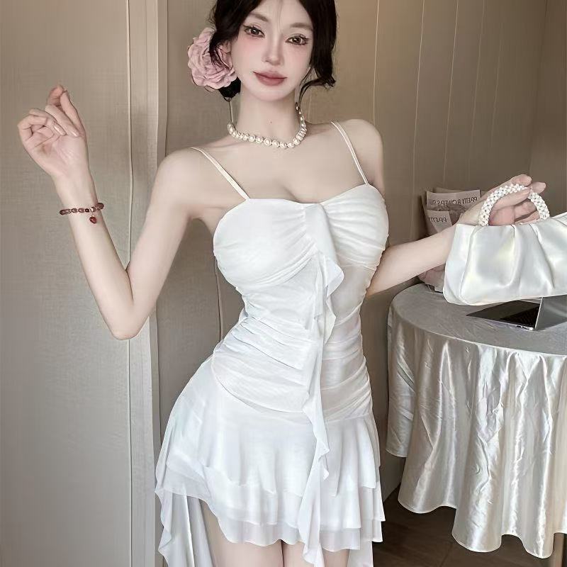 French Ruffle Edge Splicing Suspender Dress Slim and Thin Irregular Skirt Seaside Beach Dress New
