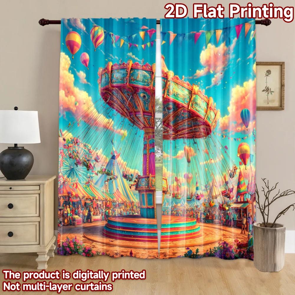 2D flat printing 2pcs Window Curtains Carnival Swing Ride Fun Digital Printed Polyester Drapes All Season Party & Holiday Decor