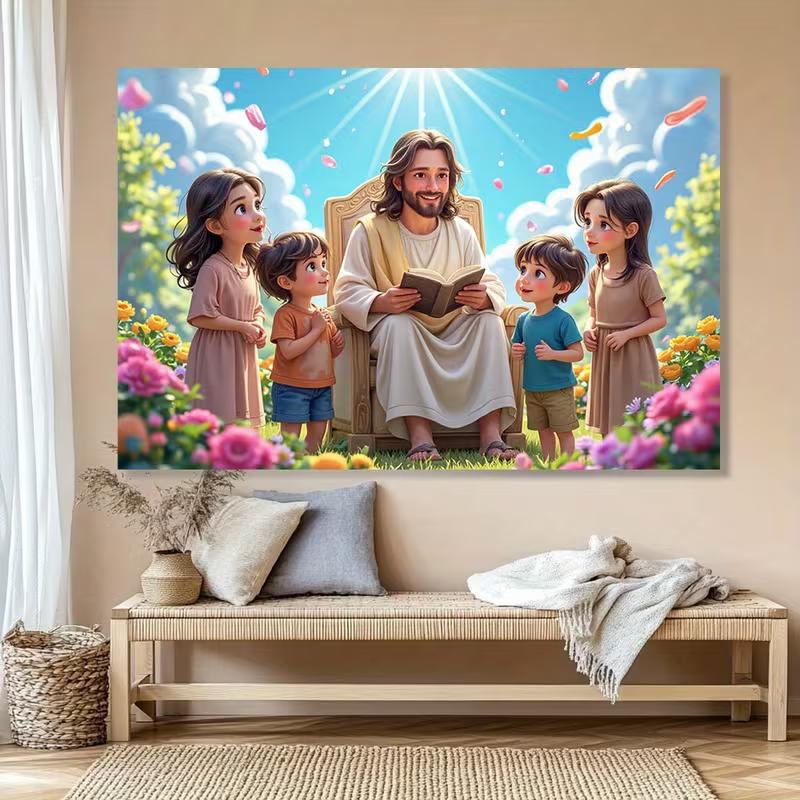 2D Jesus and Children Background Cloth Christian Faith Wall Hanging Tapestr