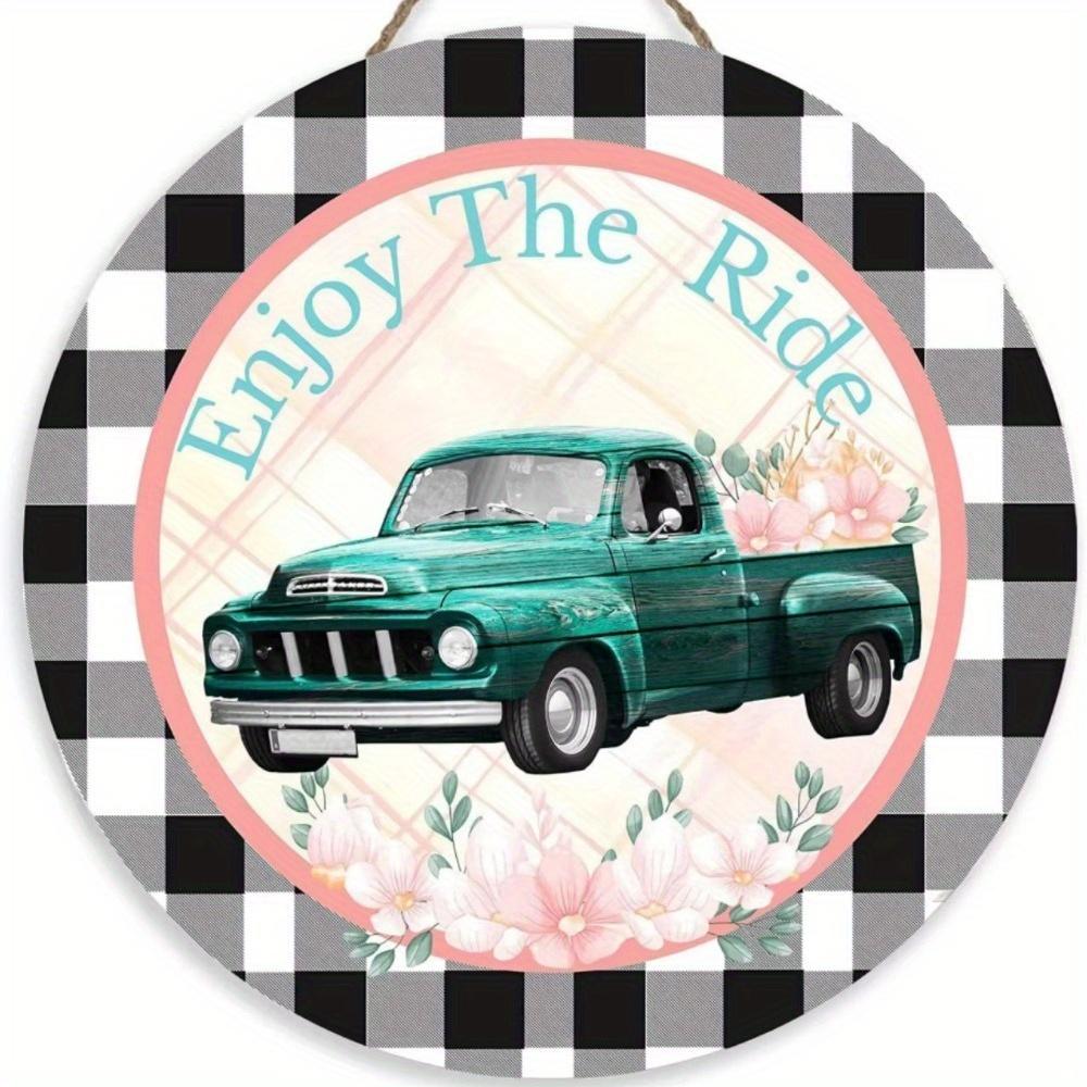 1pc 2d Flat Retro Round Wooden Sign Flower Market Flower Truck, Novel and Interesting Garage Bar Kitchen Home Family Friend Gift Wooden Sign- 20cm